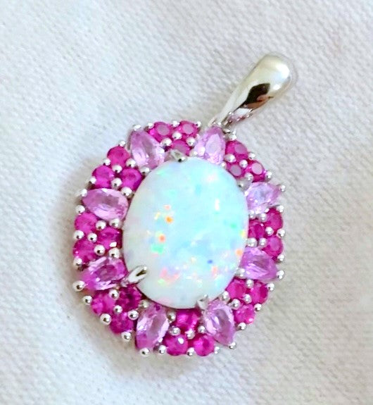 Lab Grown Opal in Halos of Lab Grown Light and Hot Pink Sapphire Pendant