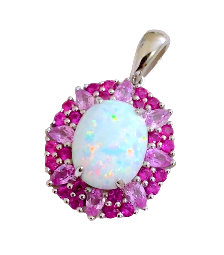 Lab Grown Opal in Halos of Lab Grown Light and Hot Pink Sapphire Pendant