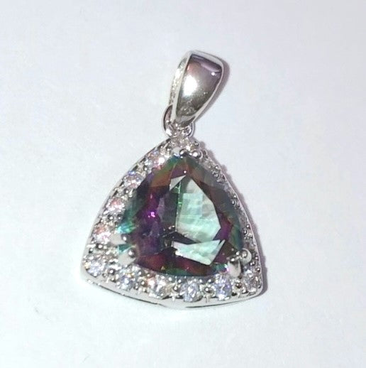 Triangular Brilliant Cut Mystic Fire Topaz in a White Topaz Halo Pendant