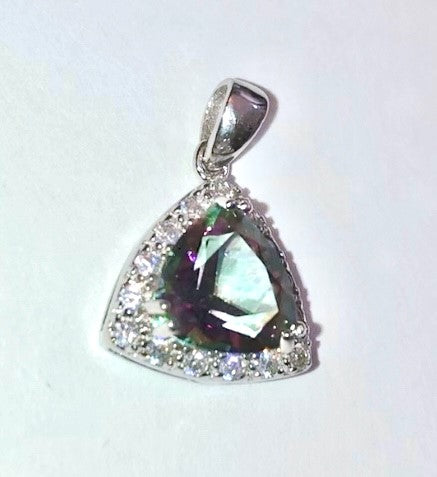 Triangular Brilliant Cut Mystic Fire Topaz in a White Topaz Halo Pendant