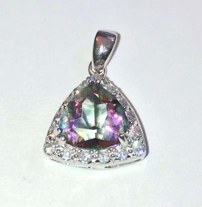 Triangular Brilliant Cut Mystic Fire Topaz in a White Topaz Halo Pendant