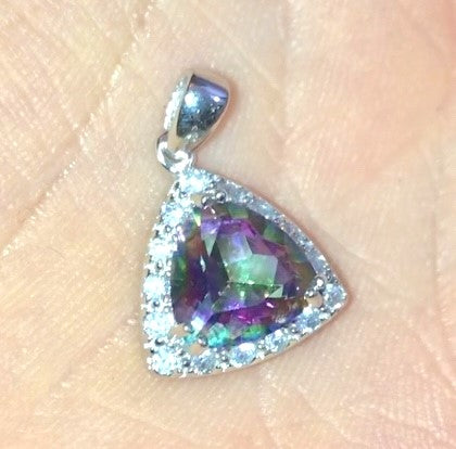 Triangular Brilliant Cut Mystic Fire Topaz in a White Topaz Halo Pendant