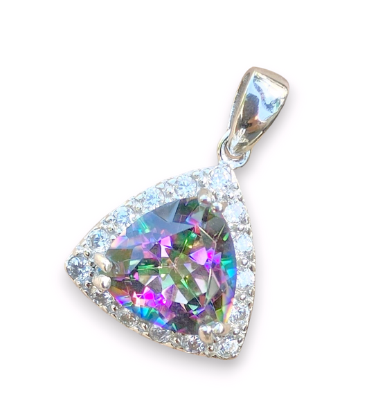 Triangular Brilliant Cut Mystic Fire Topaz in a White Topaz Halo Pendant