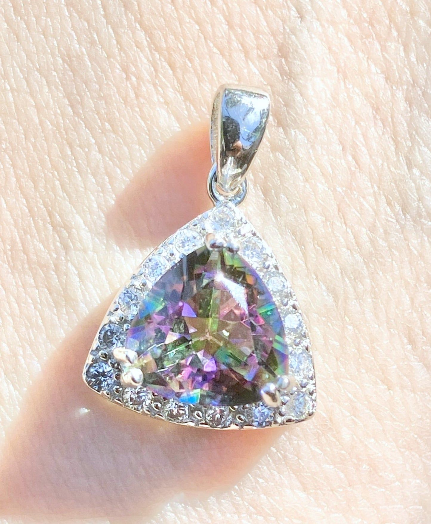 Triangular Brilliant Cut Mystic Fire Topaz in a White Topaz Halo Pendant