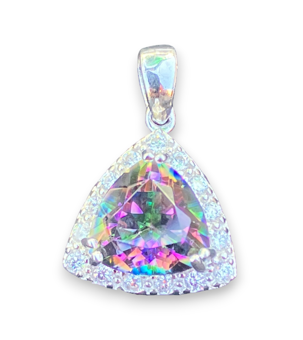 Triangular Brilliant Cut Mystic Fire Topaz in a White Topaz Halo Pendant