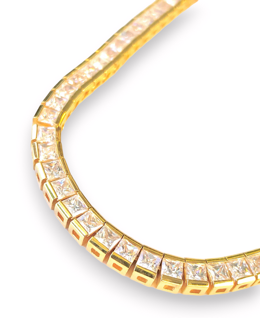 Gold Plated Princess Cut "Diamond" Tennis Chain