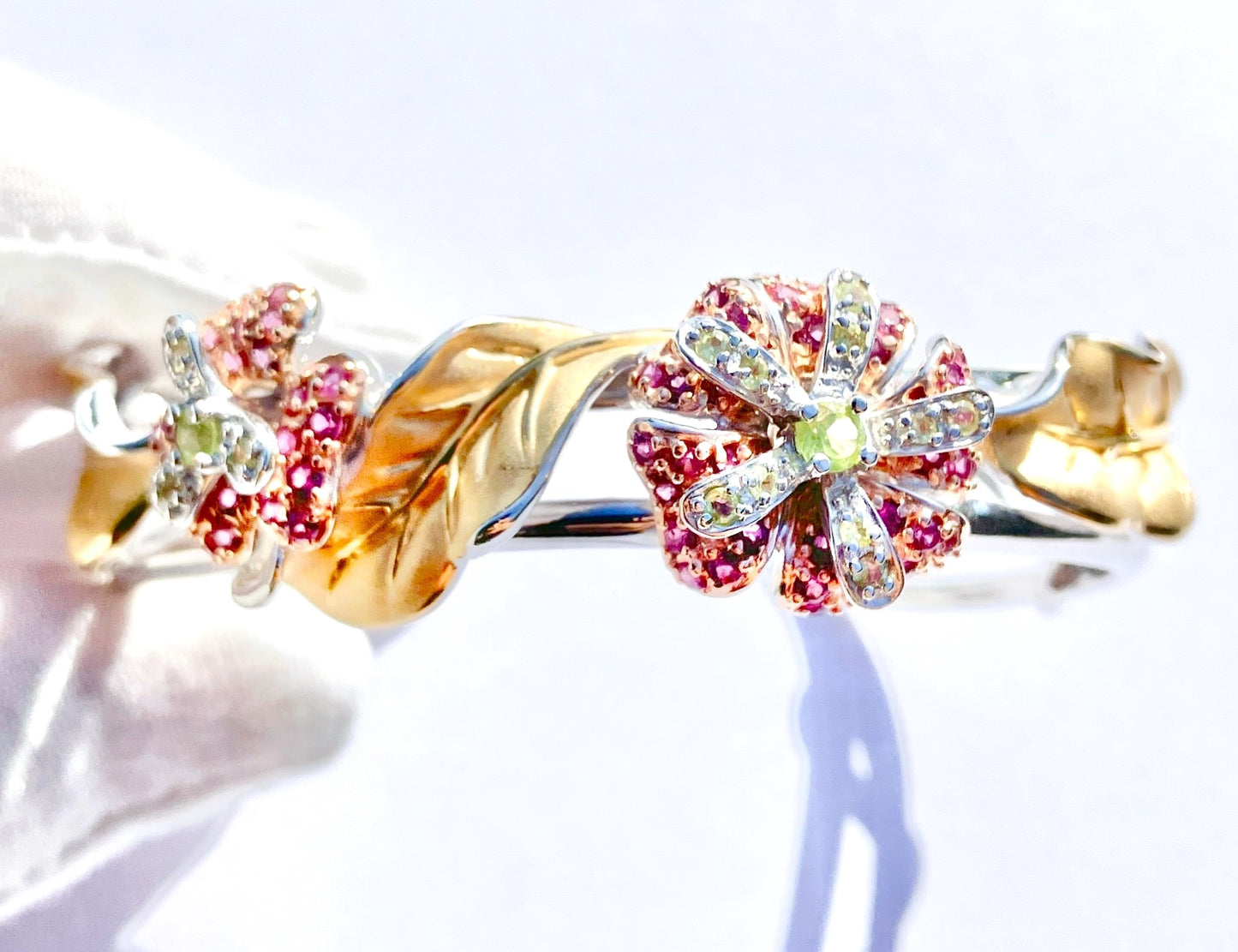 Gold Plated Rhodolite Garnet and Peridot Flowers and Gold Plated Leaves Bangle