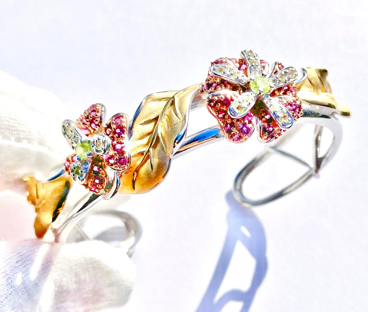 Gold Plated Rhodolite Garnet and Peridot Flowers and Gold Plated Leaves Bangle