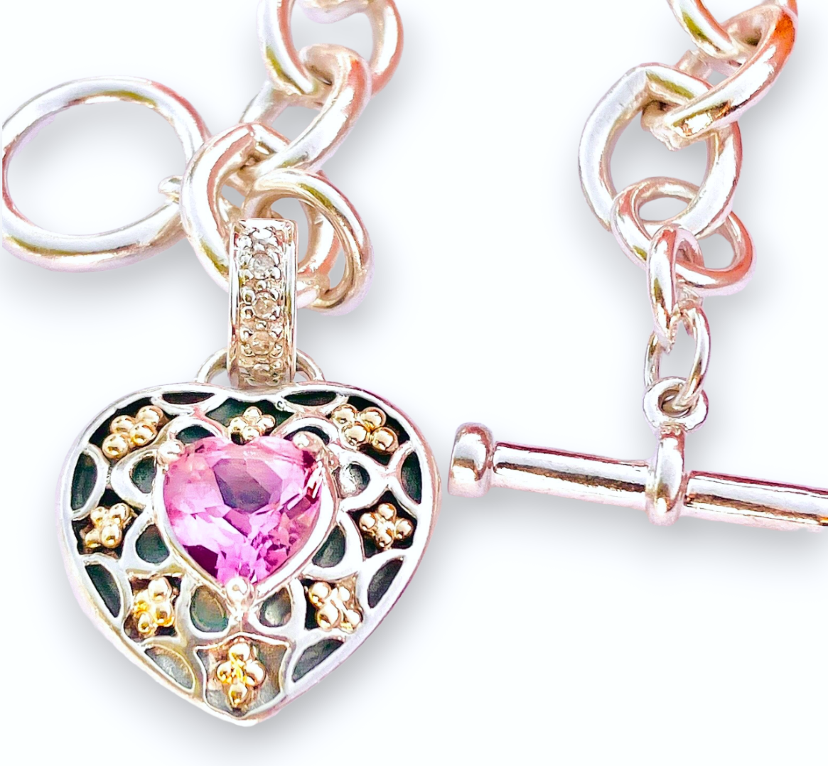 Pink Topaz & Diamonds in 14k Gold Studded Heart Charm Bracelet