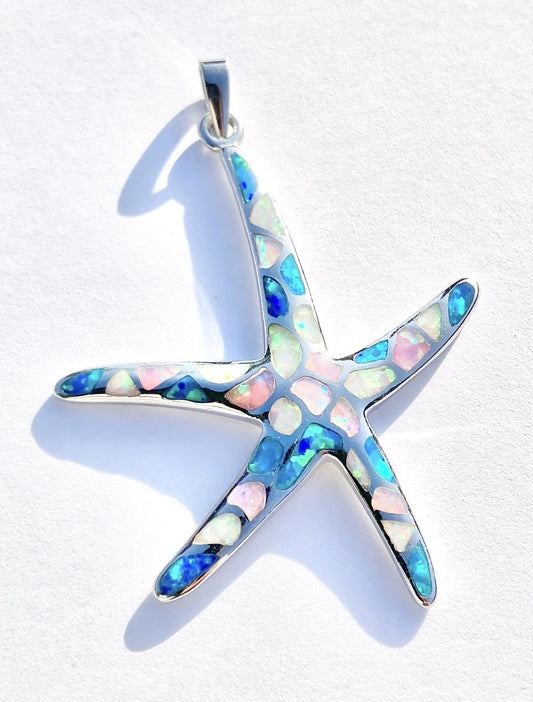 Blue and White Synthetic Opal Starfish Pendant