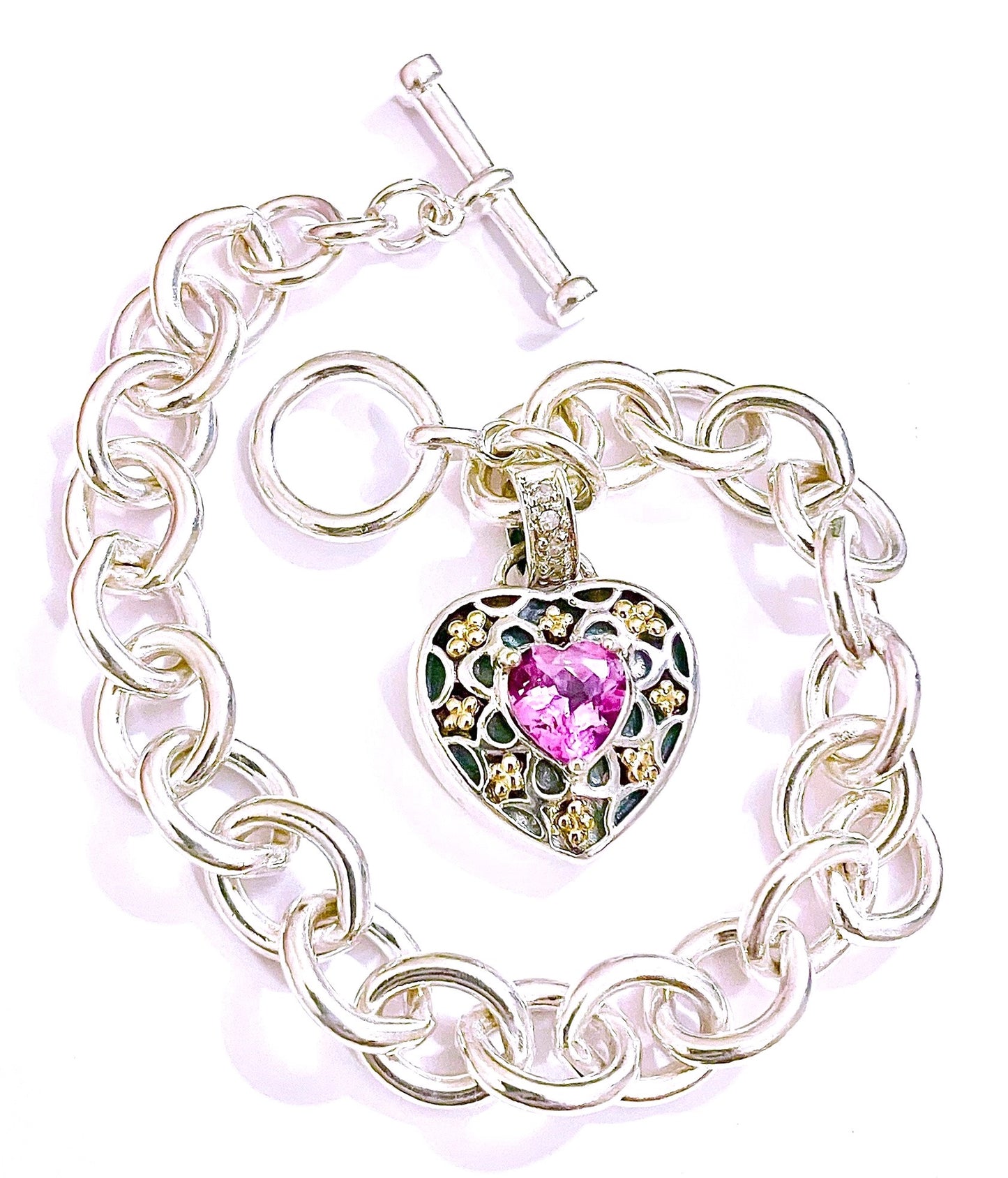 Pink Topaz & Diamonds in 14k Gold Studded Heart Charm Bracelet