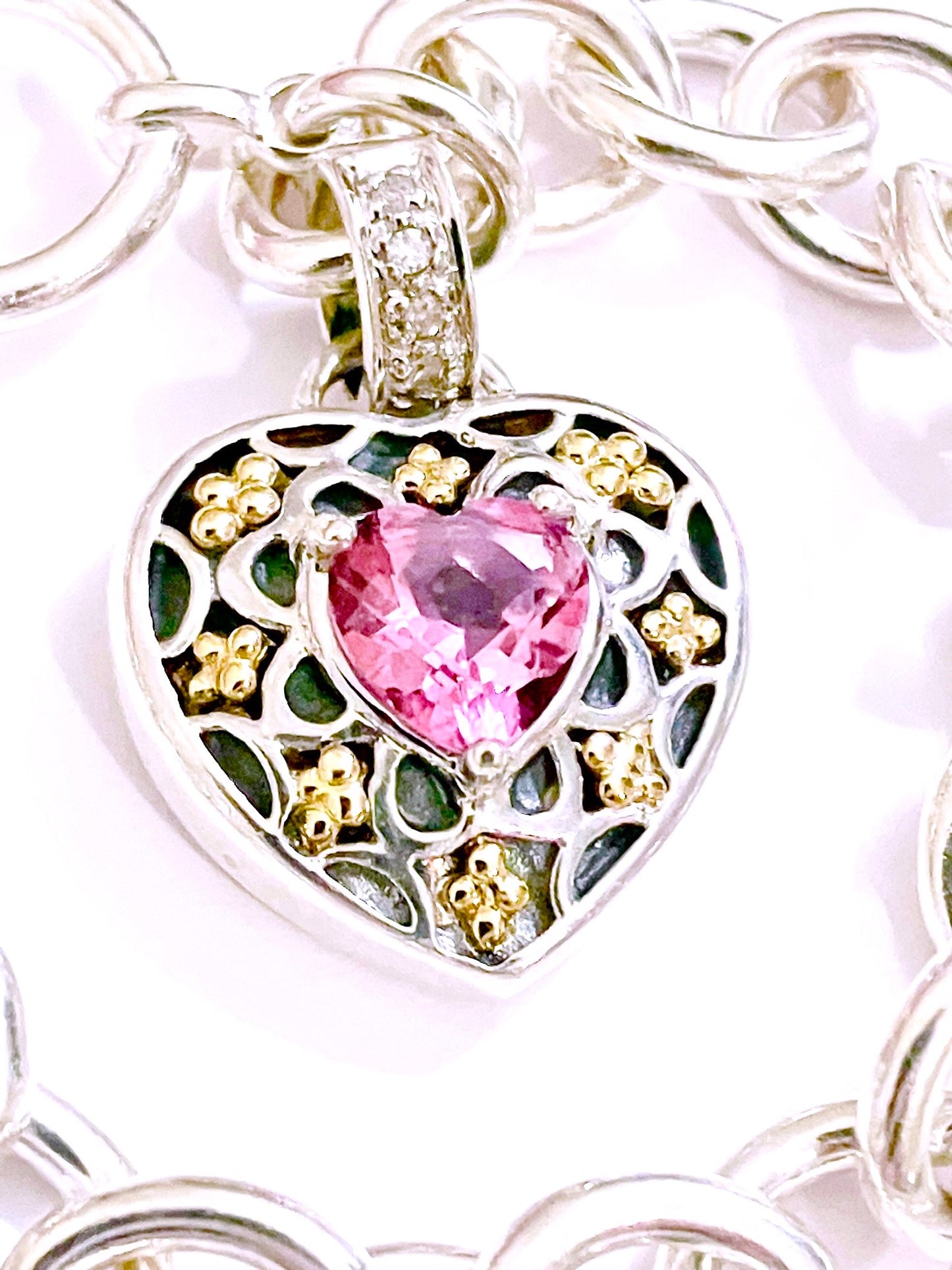 Pink Topaz & Diamonds in 14k Gold Studded Heart Charm Bracelet