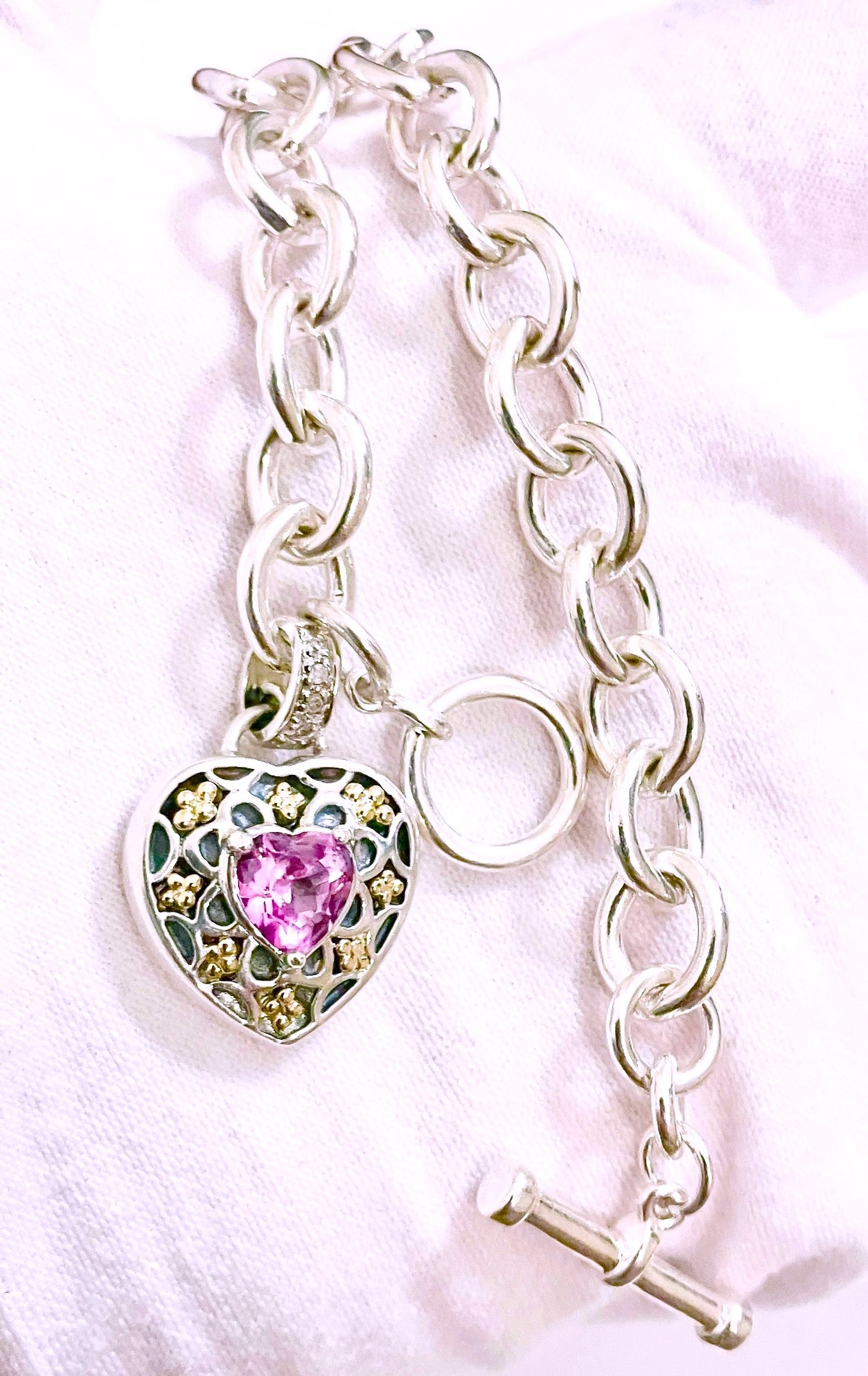 Pink Topaz & Diamonds in 14k Gold Studded Heart Charm Bracelet