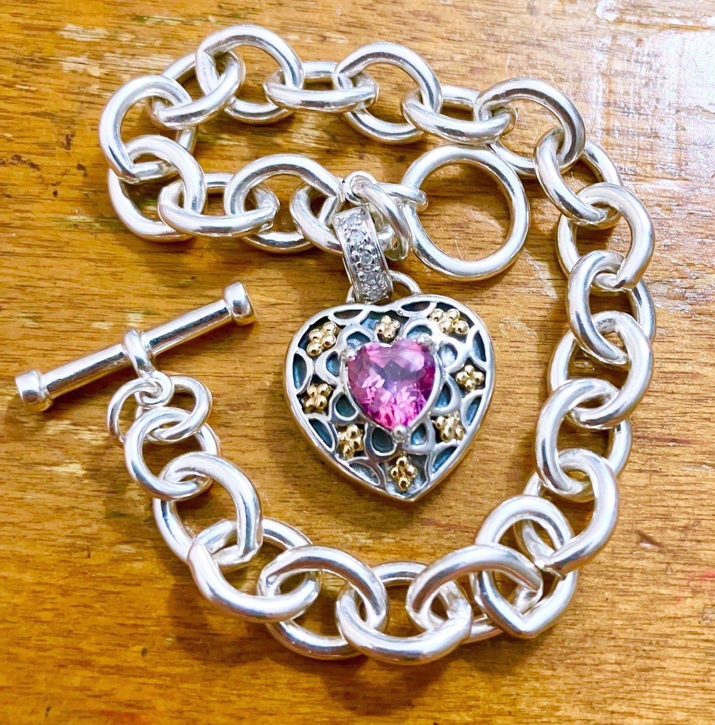 Pink Topaz & Diamonds in 14k Gold Studded Heart Charm Bracelet