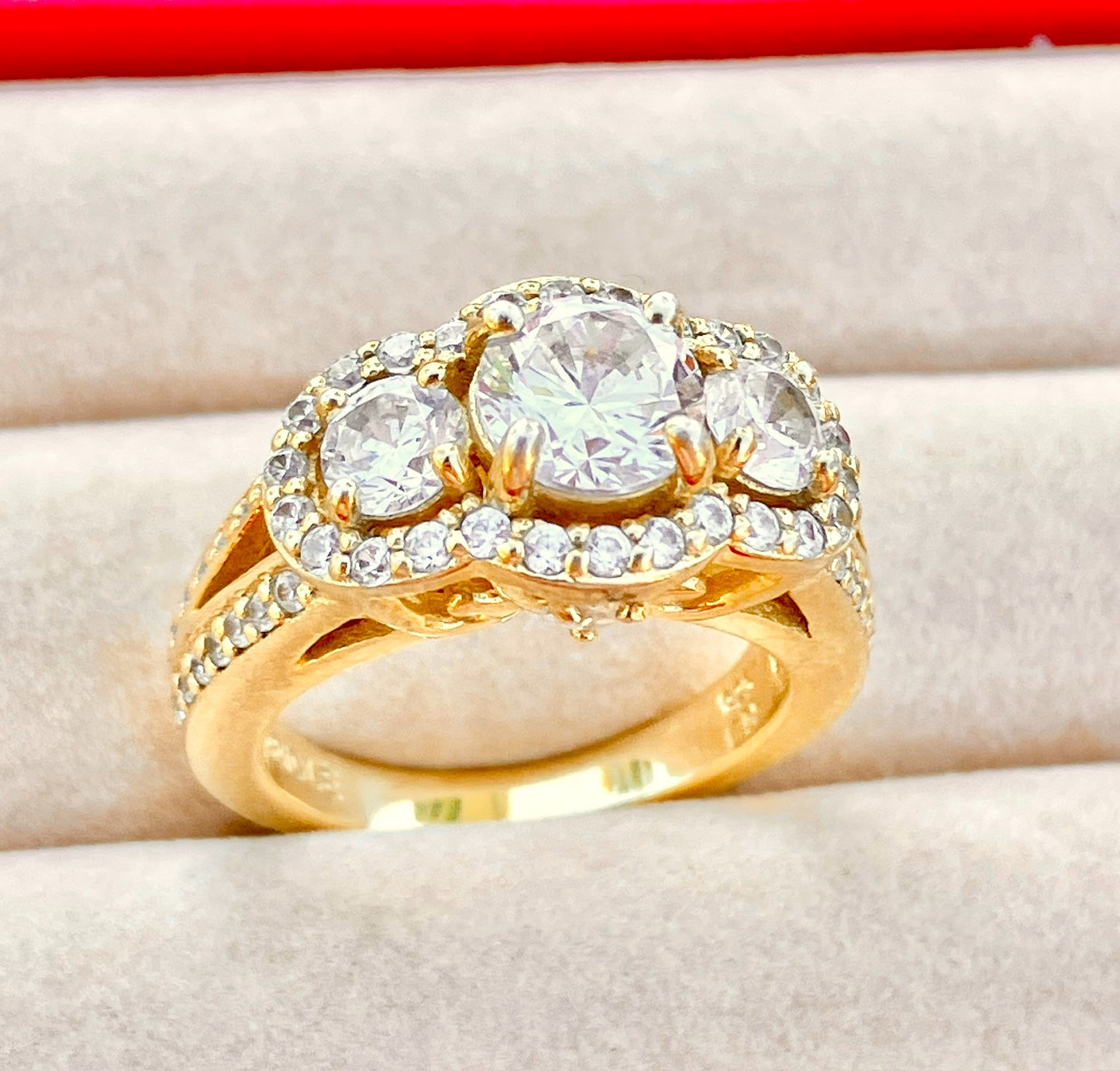 Gold Plated 3-Stone "Diamond" Split Shank Ring