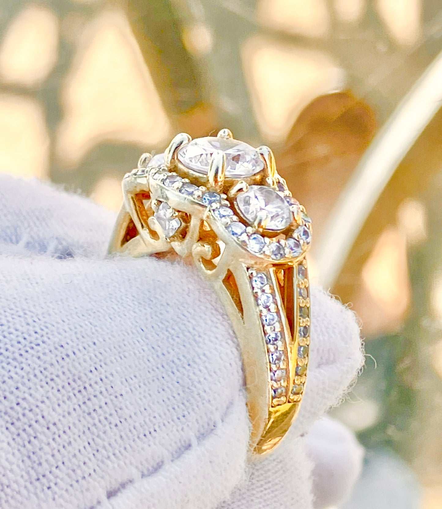 Gold Plated 3-Stone "Diamond" Split Shank Ring