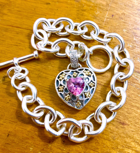 Pink Topaz & Diamonds in 14k Gold Studded Heart Charm Bracelet