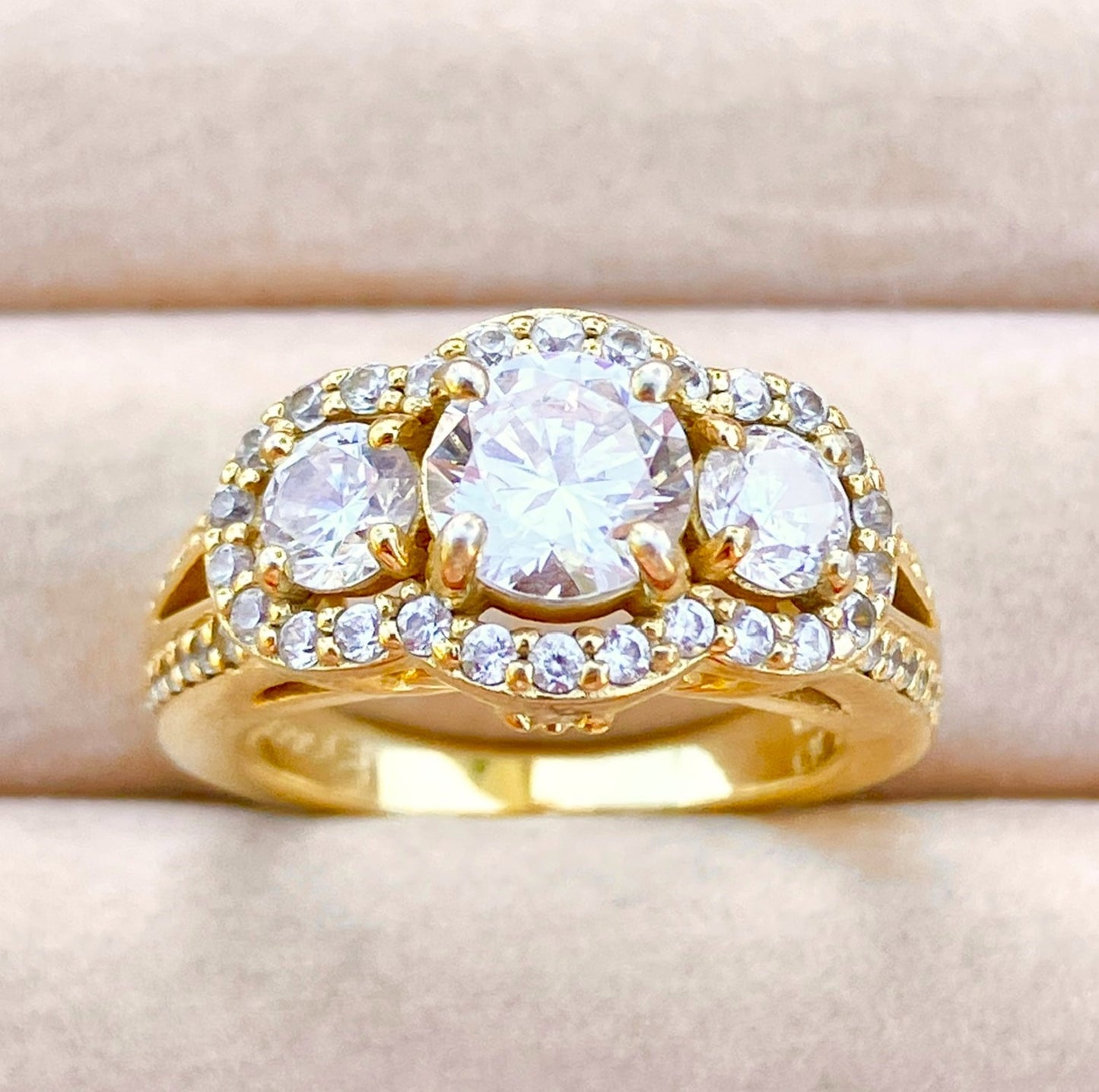 Gold Plated 3-Stone "Diamond" Split Shank Ring