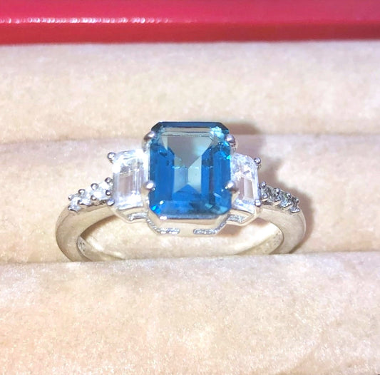 Emerald Cut London Blue and Colorless Topaz Ring with “Diamond” Accents