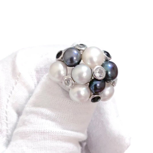 Cluster Tahitian & Silver Pearls with Black & Colorless Bezel Set "Diamonds" Ring