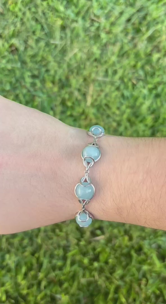 Vintage Sterling Silver Cabochon Aquamarine Bracelet